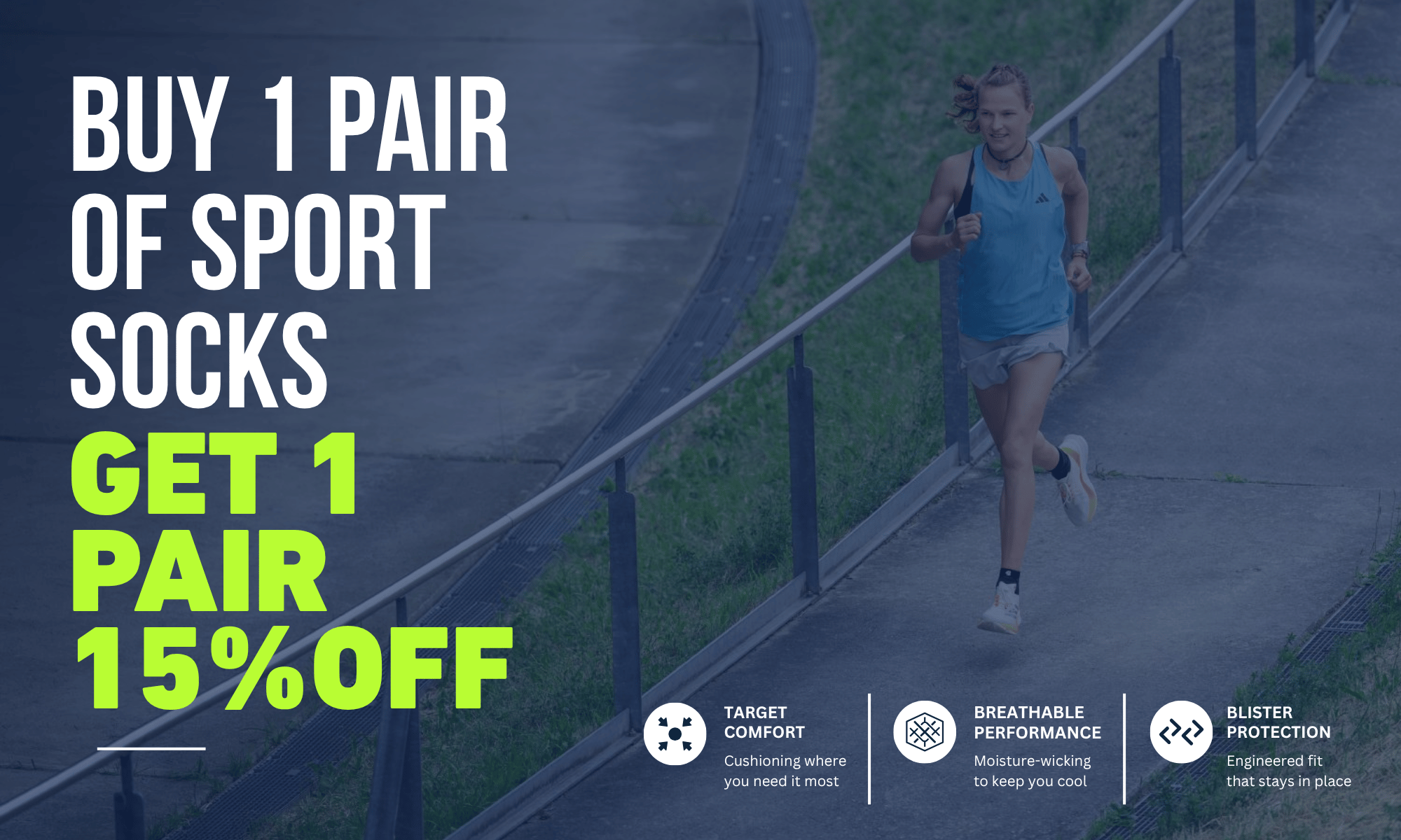 Person running on a path wearing bauerfeind run performance compression socks with promotional text for sports socks and discount offer.