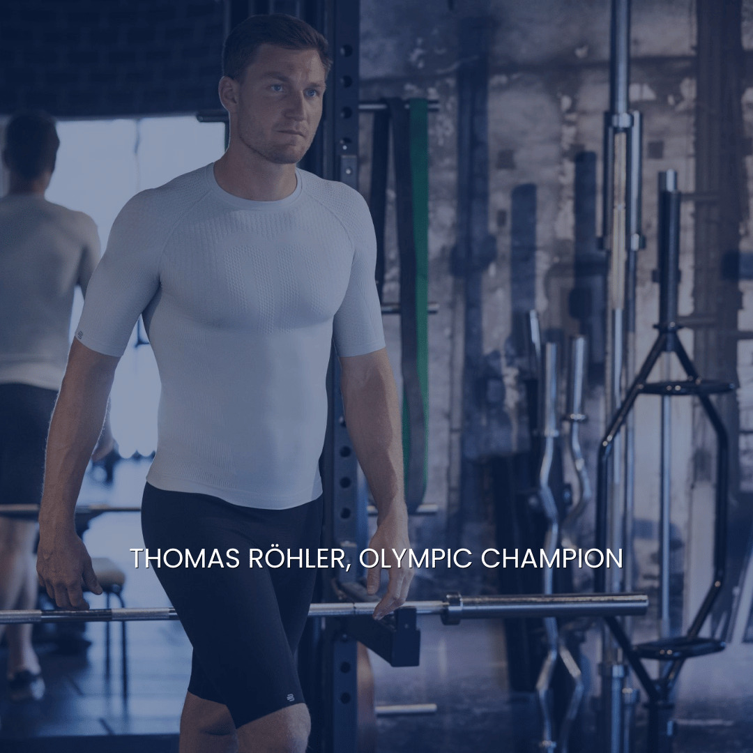 Olympian Thomas Rohler working out in a gym wearing bauerfeind sports compression wear