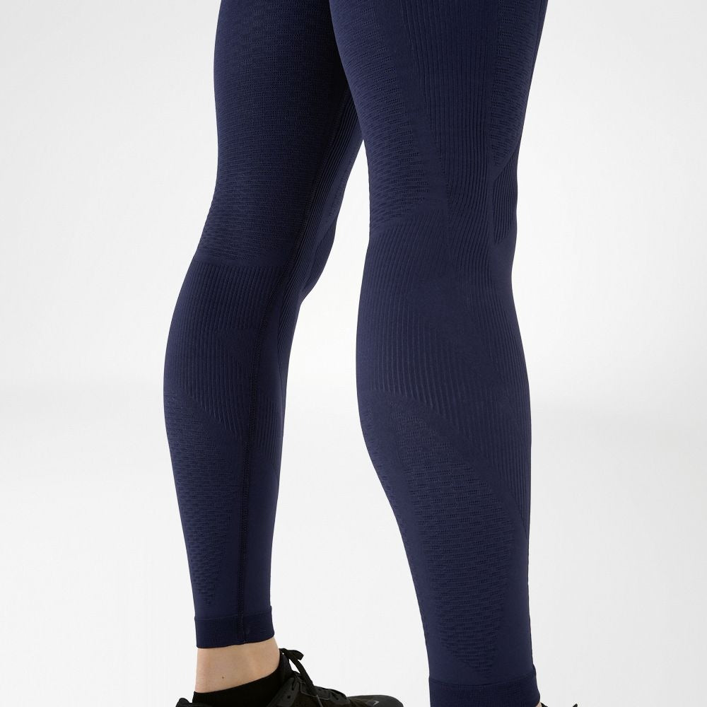 Navy blue mens bauerfeind sport compression leggings worn by a person on a white background