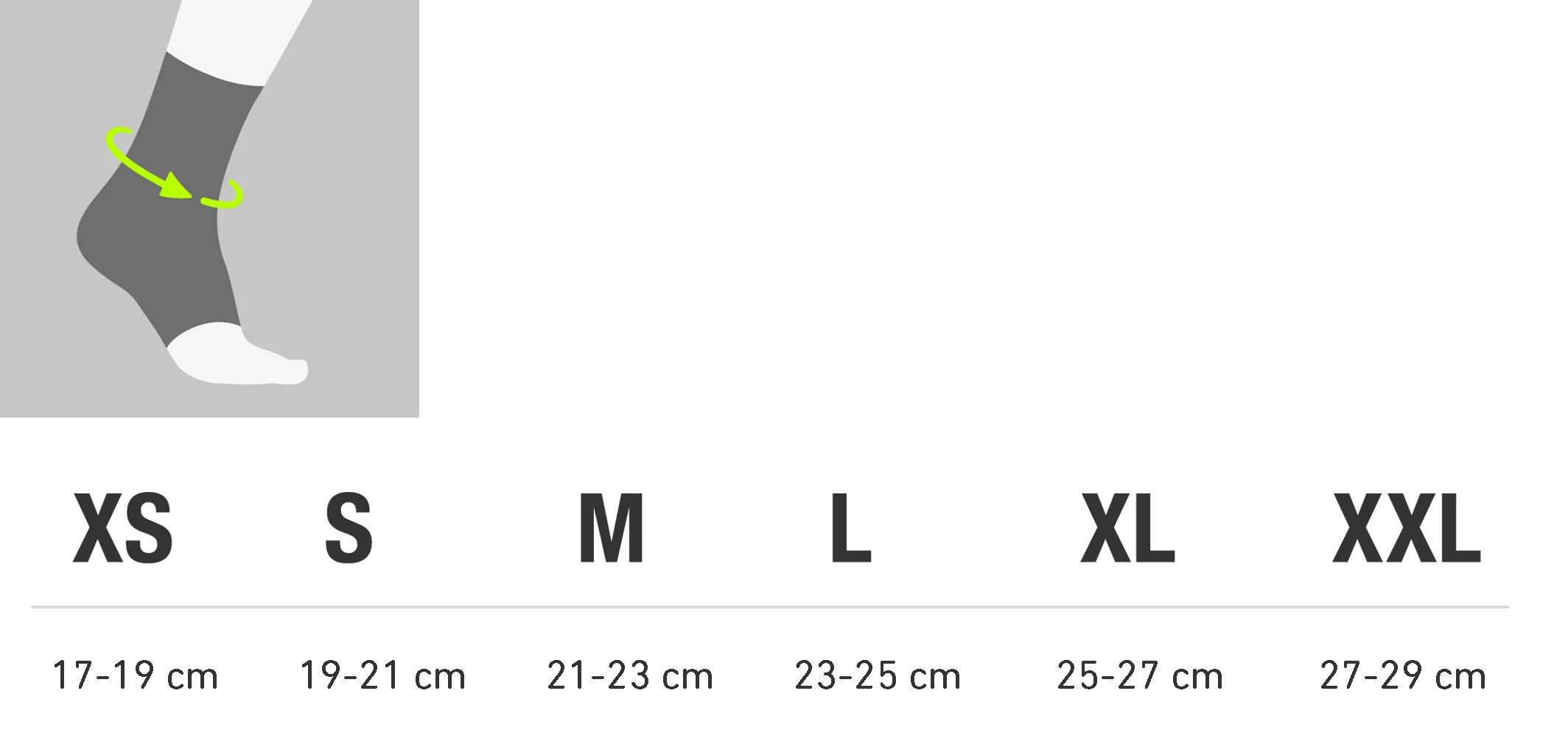 Measurement chart foroutdoor ankle support with size indicators and corresponding measurements.
