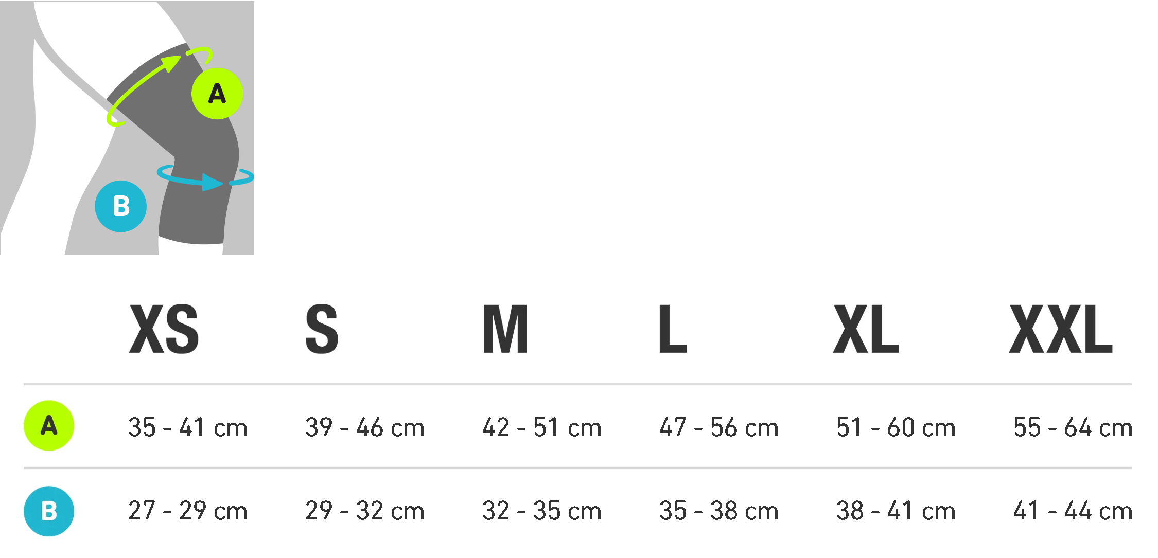 Measurement chart for outdoor knee support with size guide and measurement details.