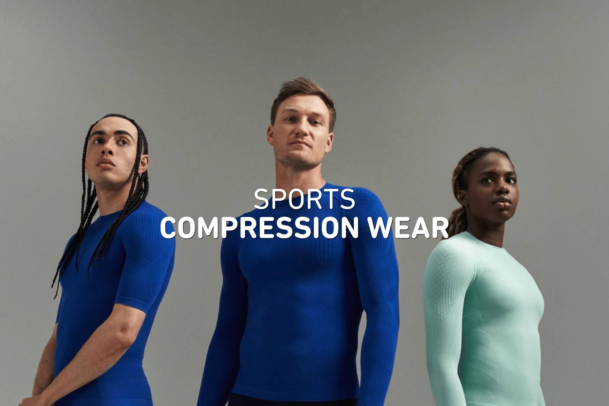 Three people wearing bauerfeind sports compression wear with text overlay on a gray background