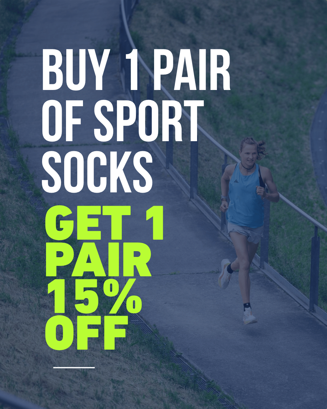image of a woman running wearing bauerfeind run performance compression socks. image displays a promotional text