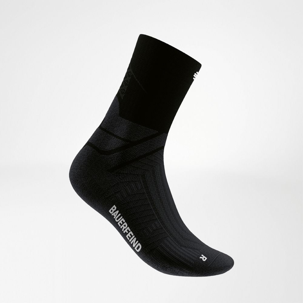 Black bauerfeind mid-cut run performance compression socks side view