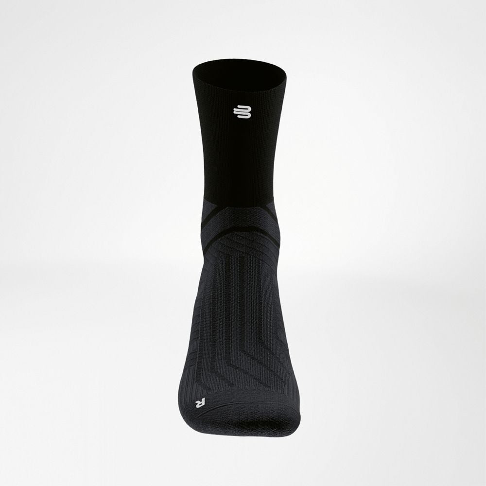 Black bauerfeind mid-cut run performance compression socks front view