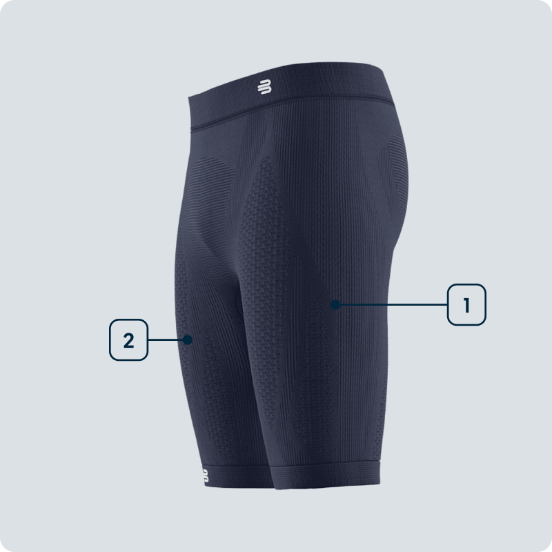 Blue Bauerfeind's mens sport compression leggings with a brand logo with label features on a light gray background 
