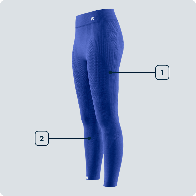 Blue Bauerfeind's Womens sport compression leggings with a brand logo with label features on a light gray background 