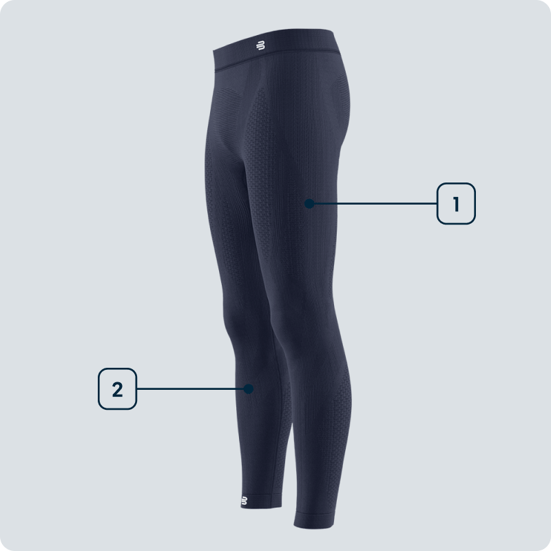 Blue Bauerfeind's mens sport compression leggings with a brand logo with label features on a light gray background 