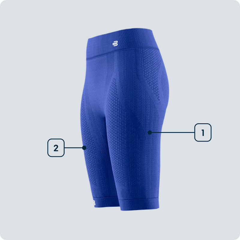 blue athletic Bauerfeind women's Sports Compression Short product callout