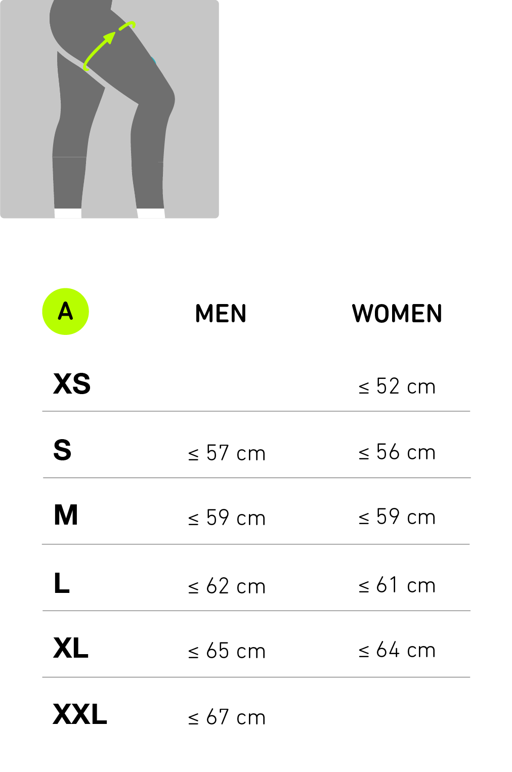 Size chart for Bauerfeind's Sport Compression Leggings with measurements in centimeters for men and women.