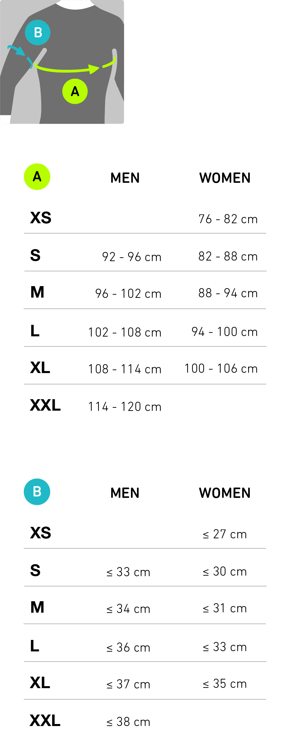 Size chart for bauerfeind's sport compression shirts with measurements in centimeters for men and women.