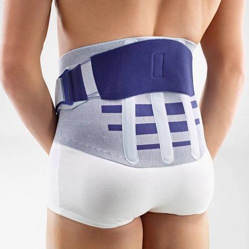 A grey and white colour back brace. It is considered one of Bauerfeind Australia's best recovery back braces, Lumboloc Forte.